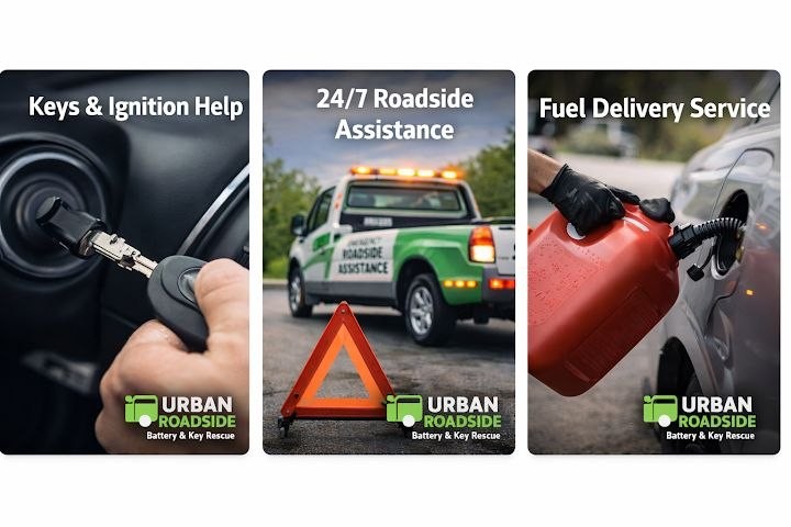 Urban Roadside technician securing a car on a flatbed tow truck